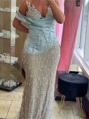 Satin Off-Shoulder Beaded Prom Gown in Light Blue and Silver